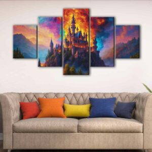 5 panels castle in fire canvas art
