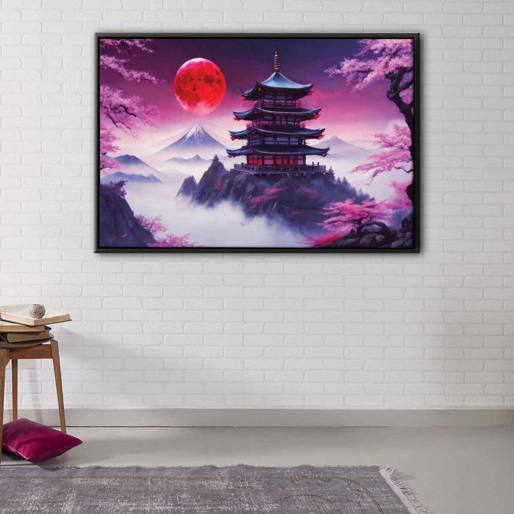 red moon temple floating frame canvas