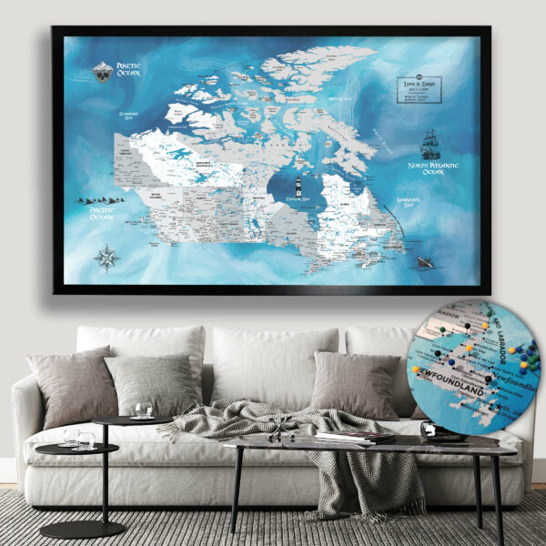 Pirate push pin Canada map framed