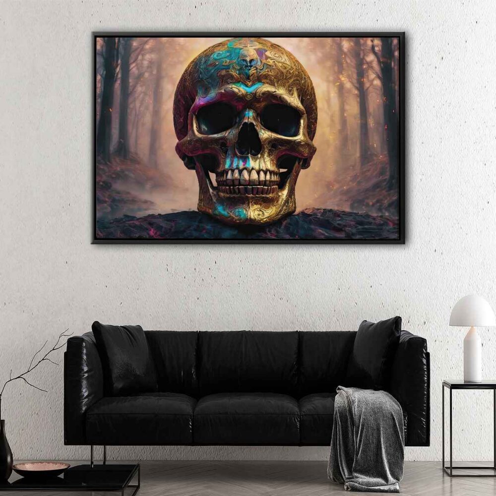 gold skull floating frame canvas