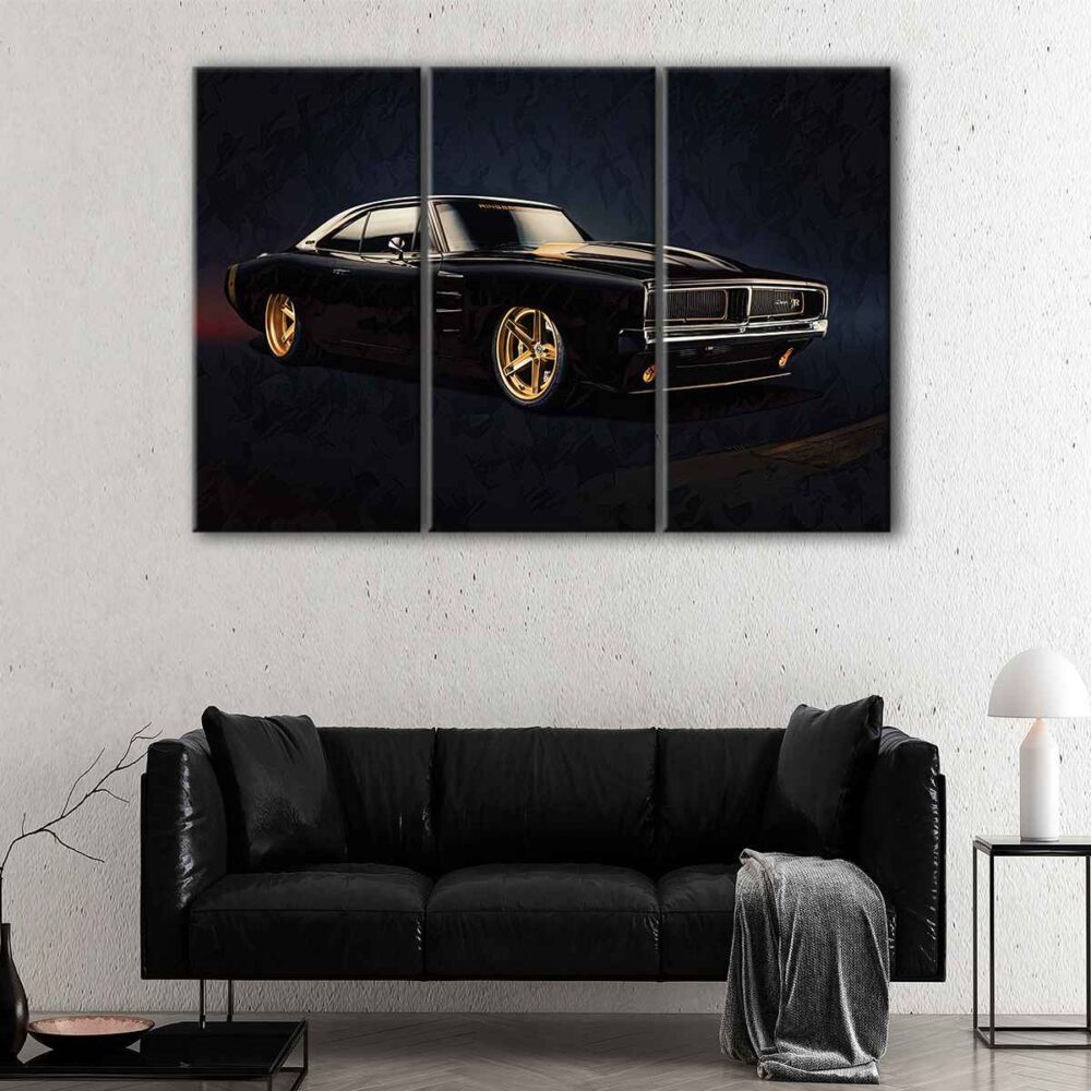 3 panels black dodge charger canvas art