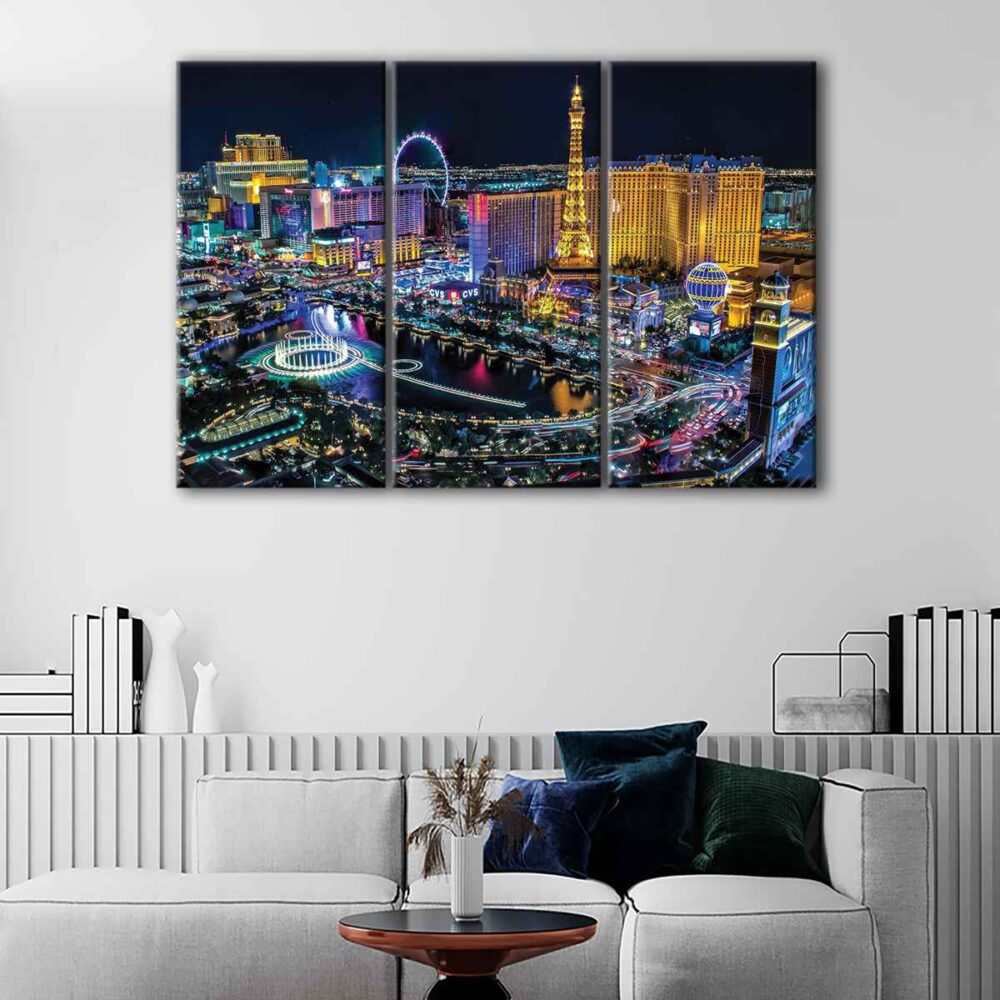 3 panels las vegas by night canvas art