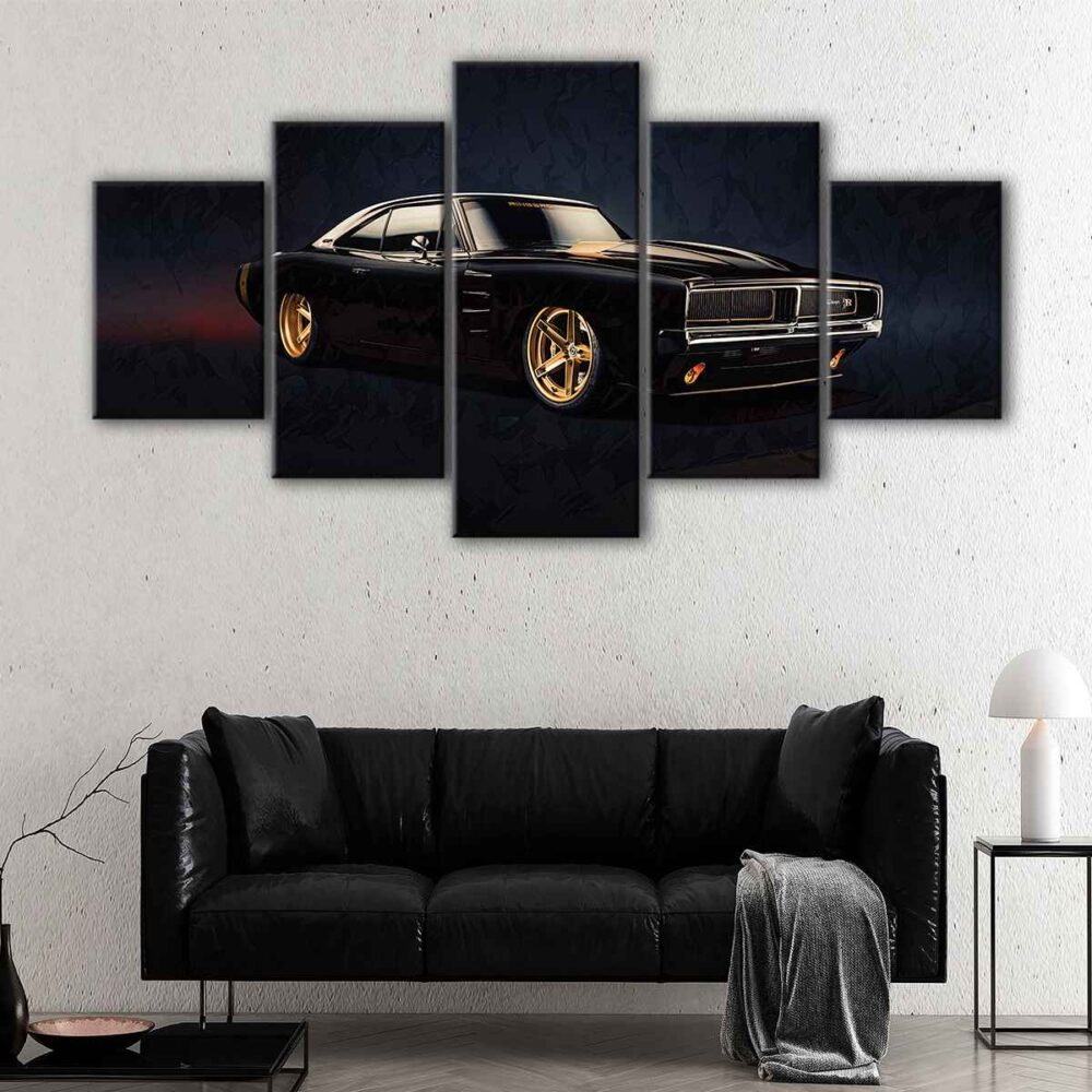 5 panels black dodge charger canvas art