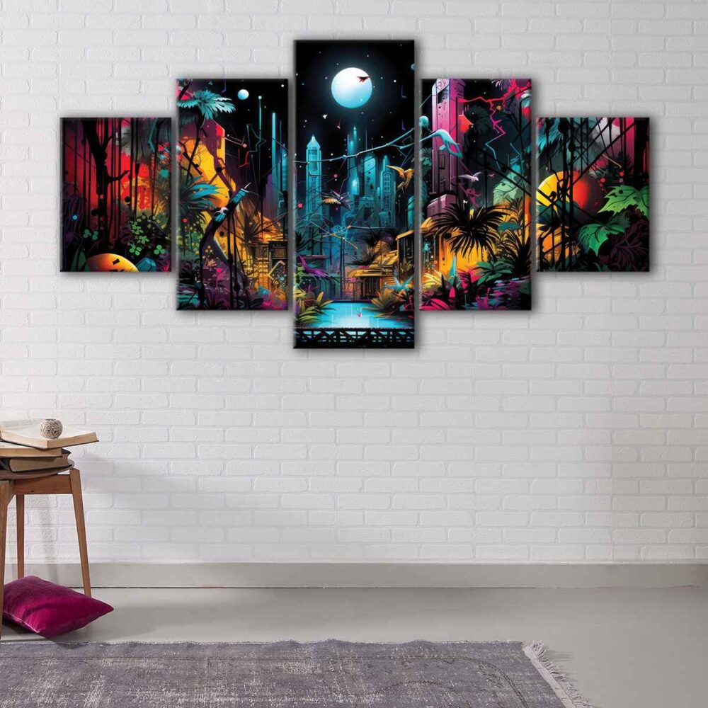 5 panels graffiti jungle canvas art