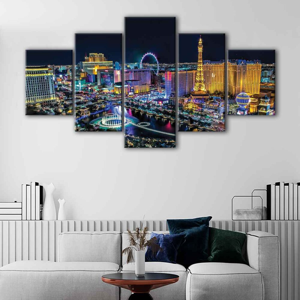 5 panels las vegas by night canvas art