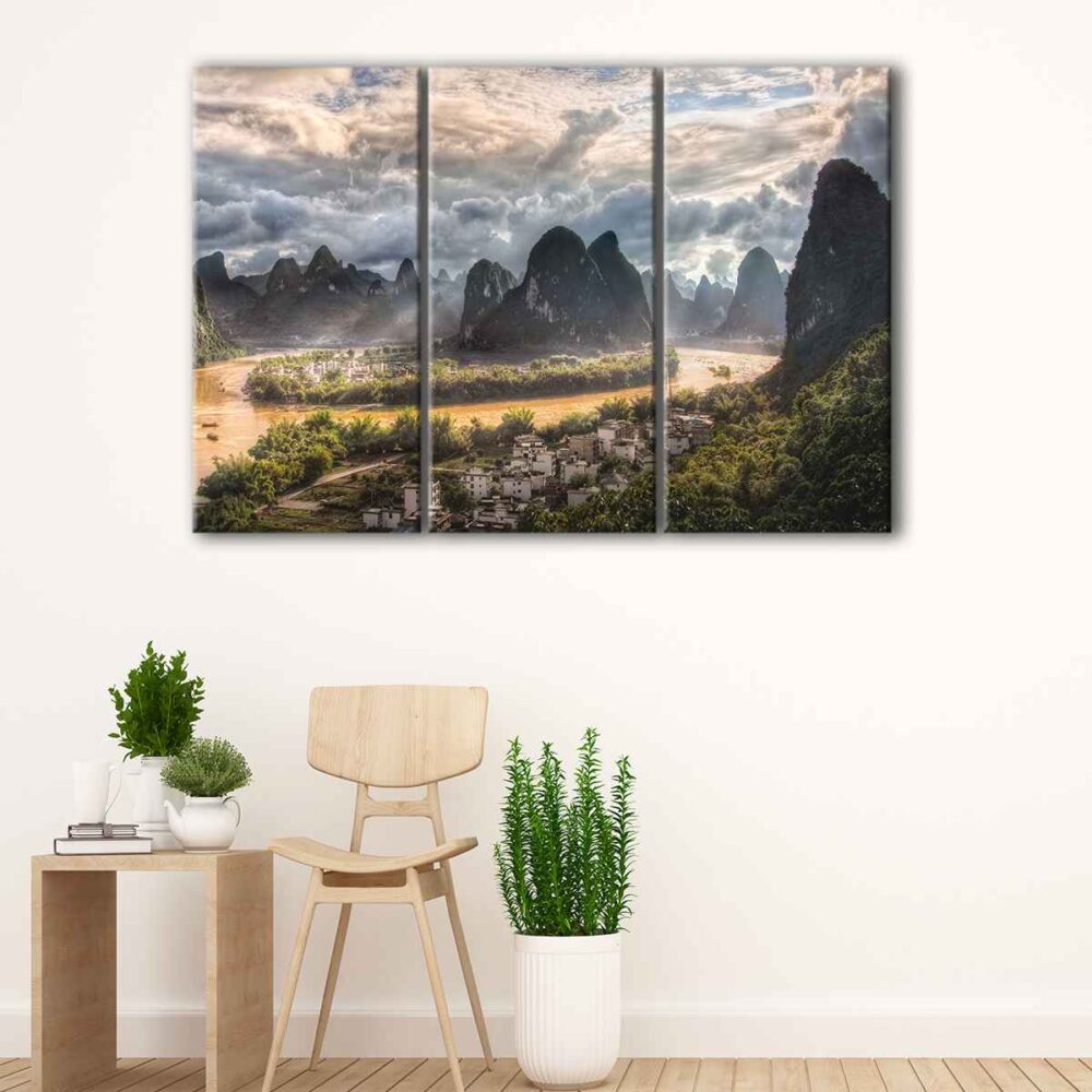 3 panels li river village canvas art