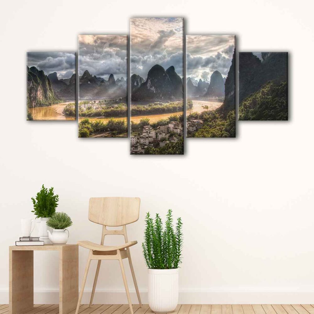 5 panels li river village canvas art