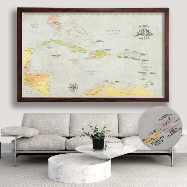 Classic push pin Caribbean map framed