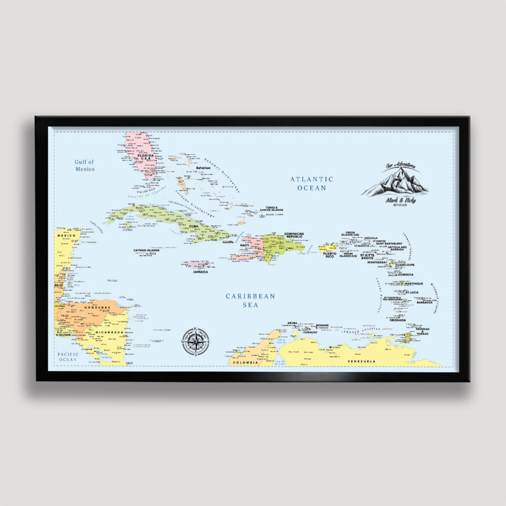 Clorful push pin Caribbean map - Black frame