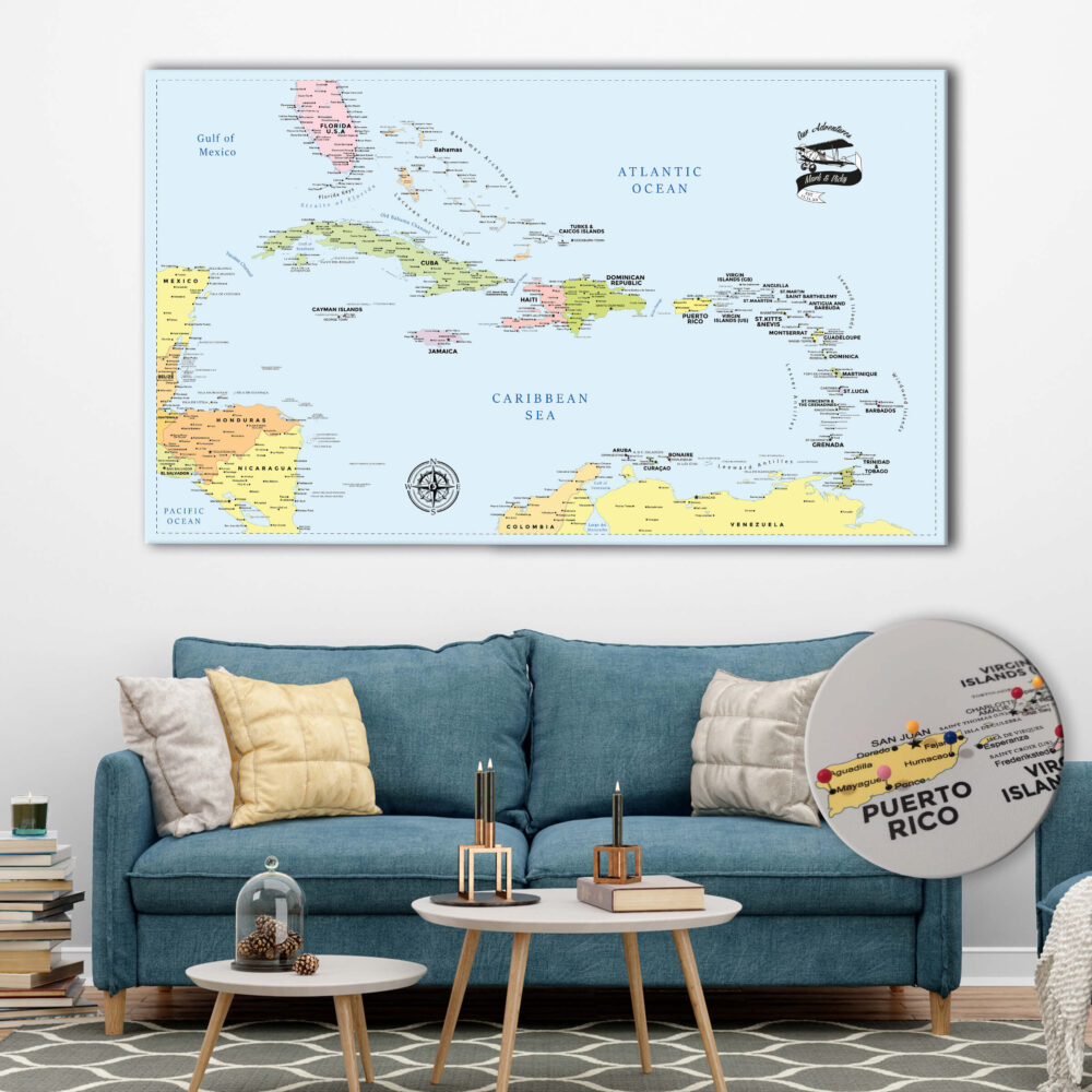 Colorful push pin Caribbean map