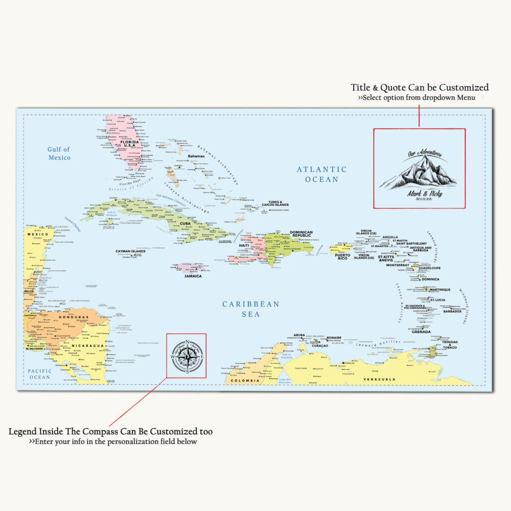 Colorful push pin Caribbean map detailed