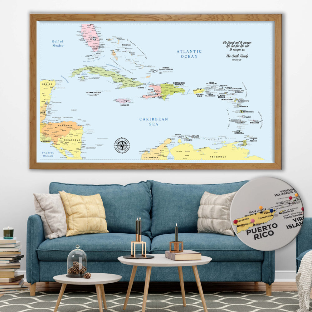 Colorful push pin Caribbean map framed