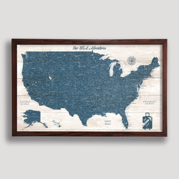 Rustic push pin usa map - brown frame