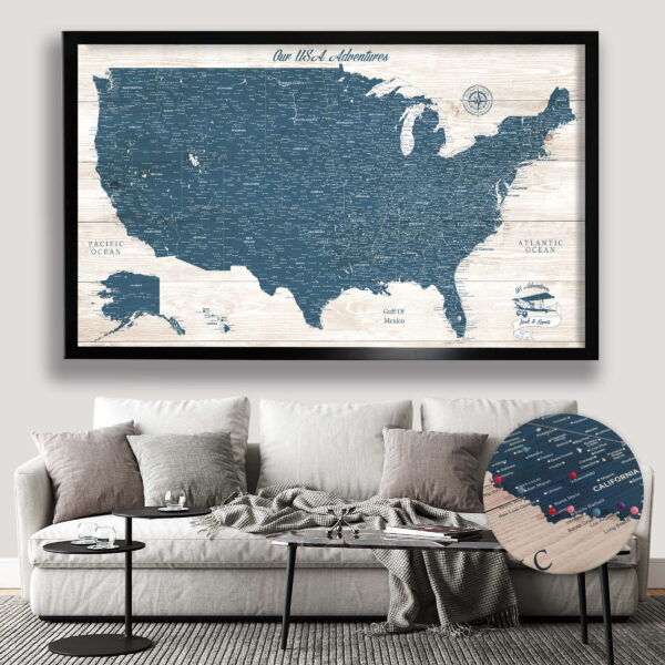 Rustic push pin usa map framed