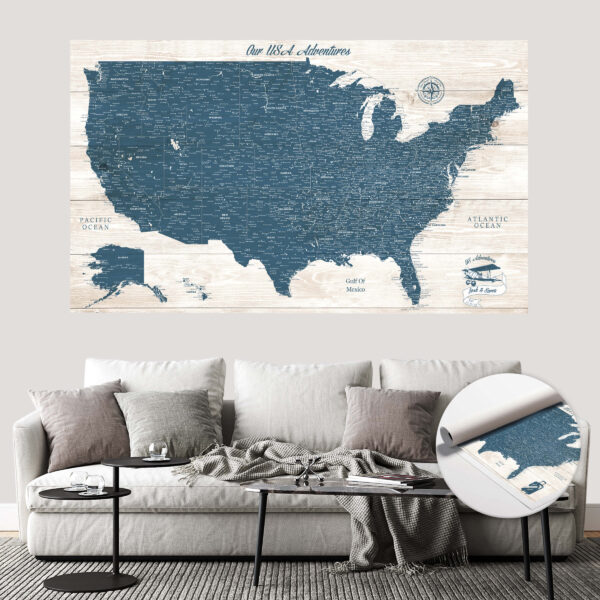 Rustic push pin usa map rolled