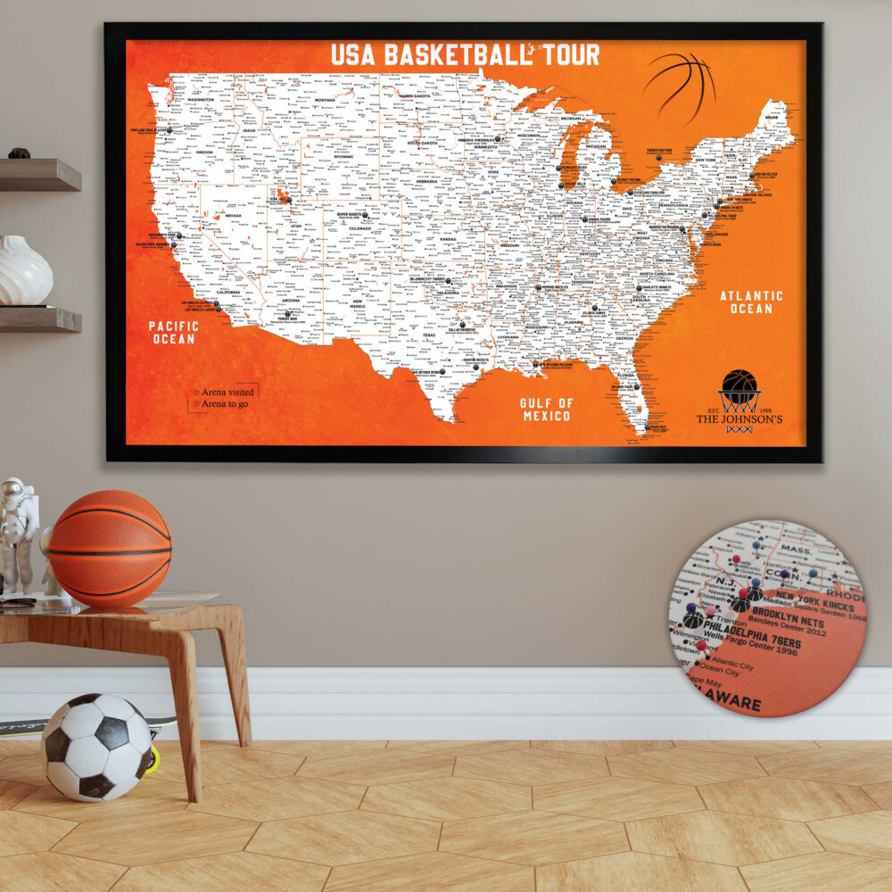 USA Basketball push pin map framed