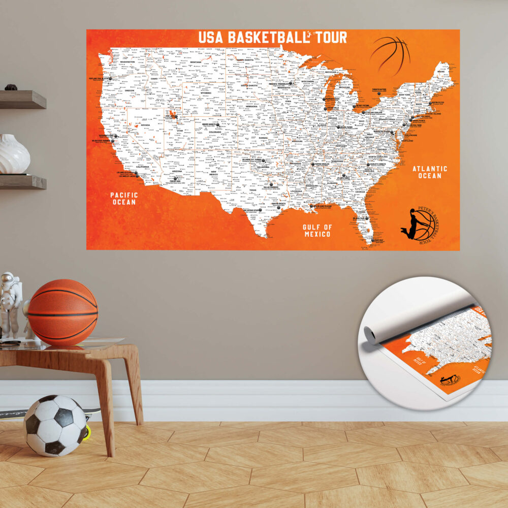 USA Basketball push pin map rolled