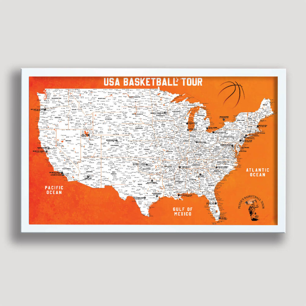 USA Basketball push pin map - white frame