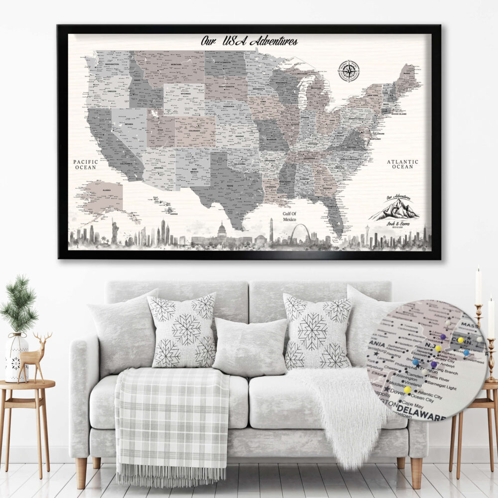 Monuments push pin usa map framed