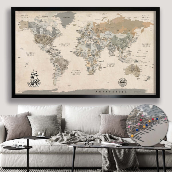Vintage world push pin map framed