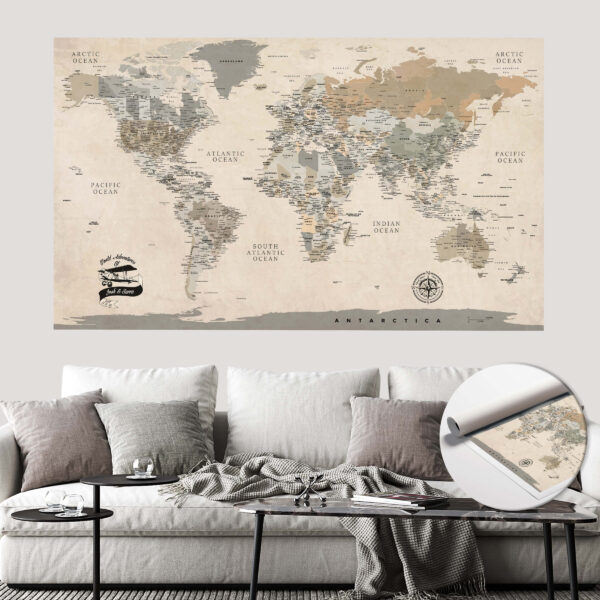 Vintage world push pin map rolled