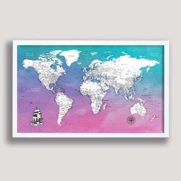 Water Color push pin world map - white frame