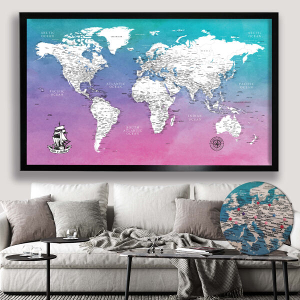 Water Color push pin world map framed