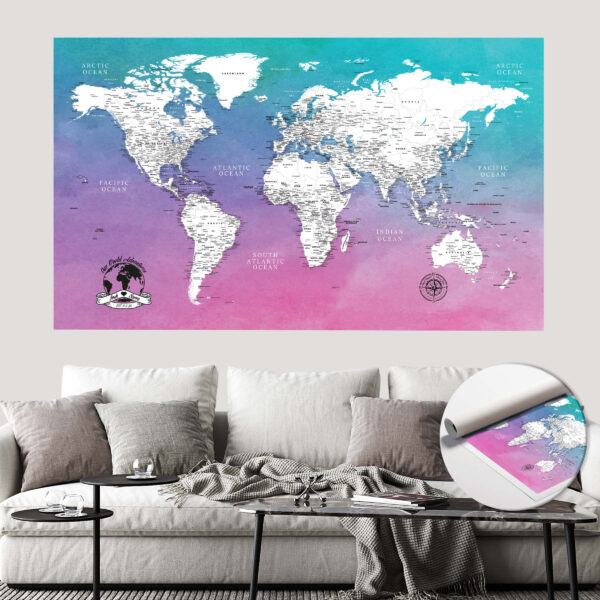 Water Color push pin world map rolled