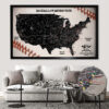 Baseball push pin usa map framed