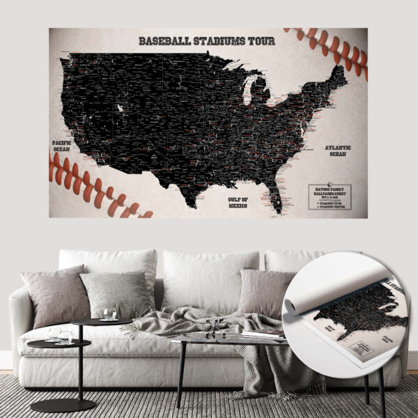 Baseball push pin usa map rolled