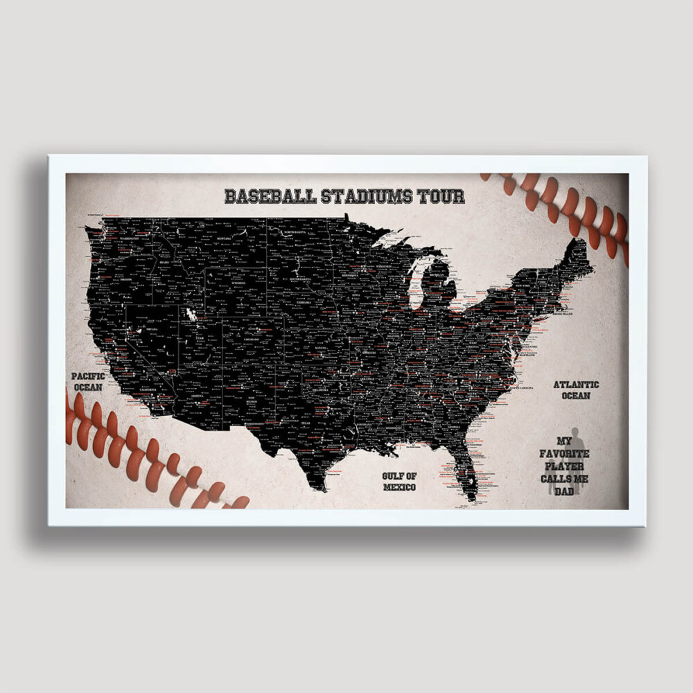 Baseball push pin usa map - white frame