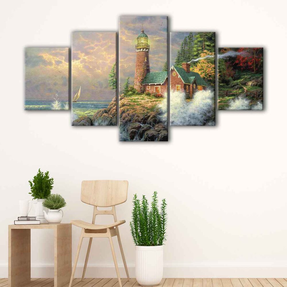 5 panels luxury lighthouse sunset canvas art