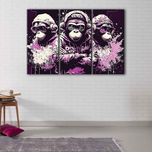 3 panels purple 3 wise monkeys canvas art