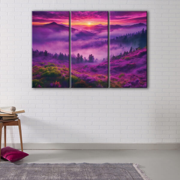 3 panels purple forest fog canvas art