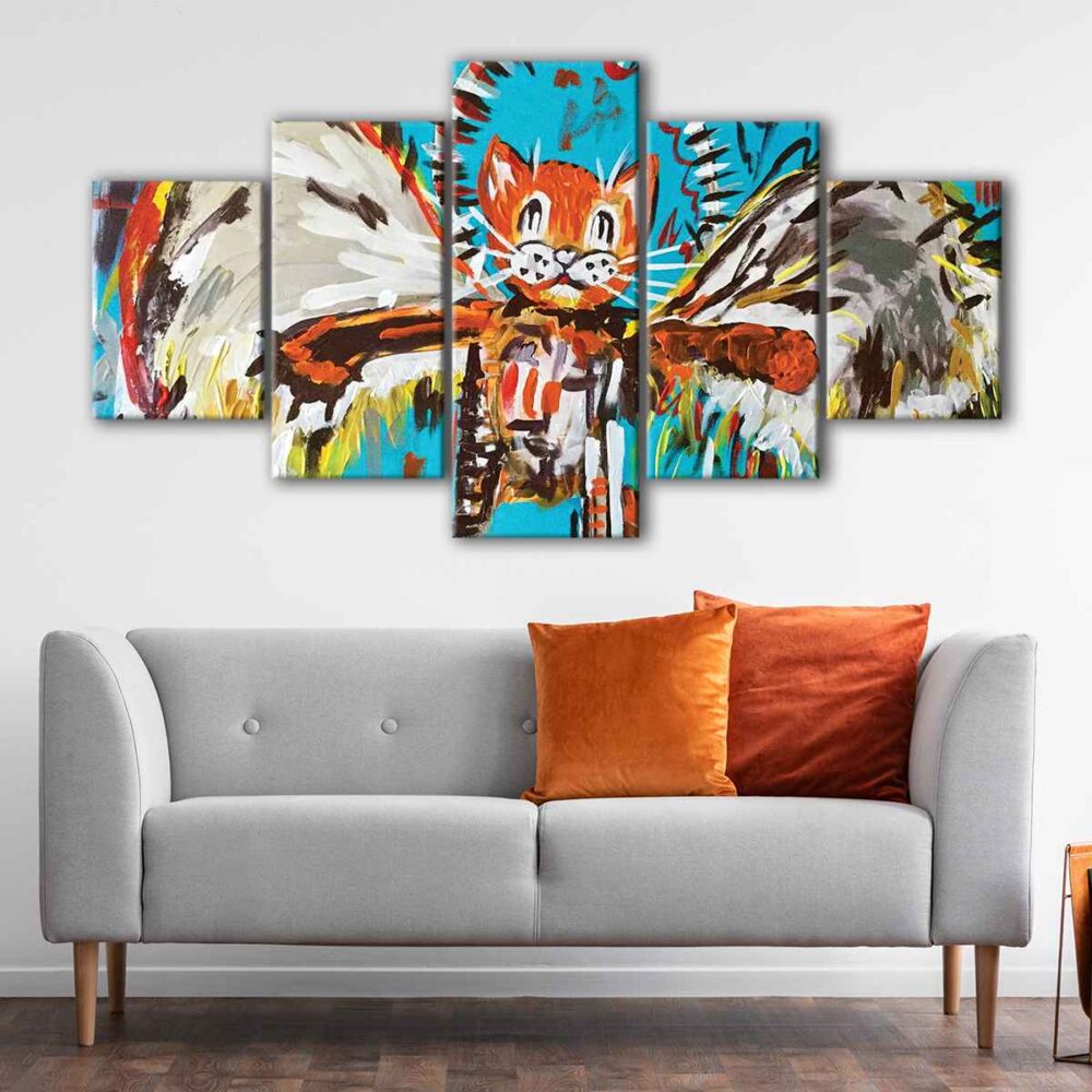 5 panels fallen cat canvas art