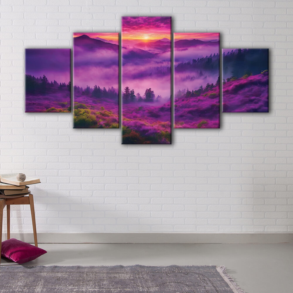 5 panels purple forest fog canvas art