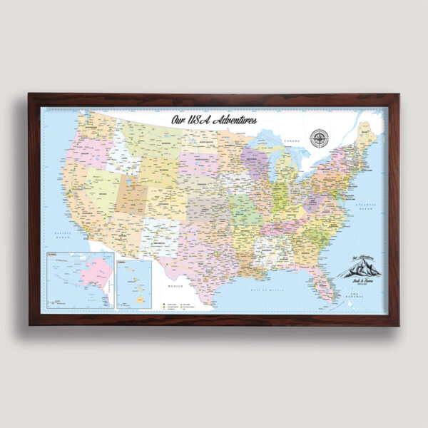 USA road trip push pin map - brown frame