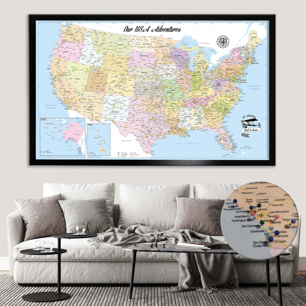 USA road trip push pin map framed